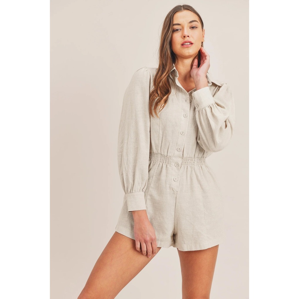 MABLE Linen Blend Long Sleeve Button Front Romper - Oatmeal Beige Size Medium